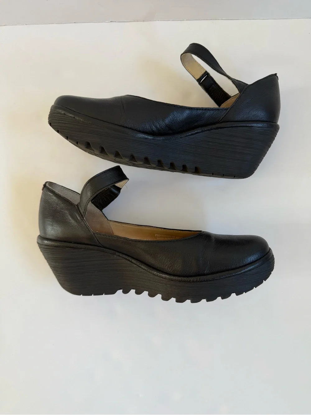 Fly London Black Leather Mary Jane Wedge Shoes Platform Pumps Comfort 7.5 / 38